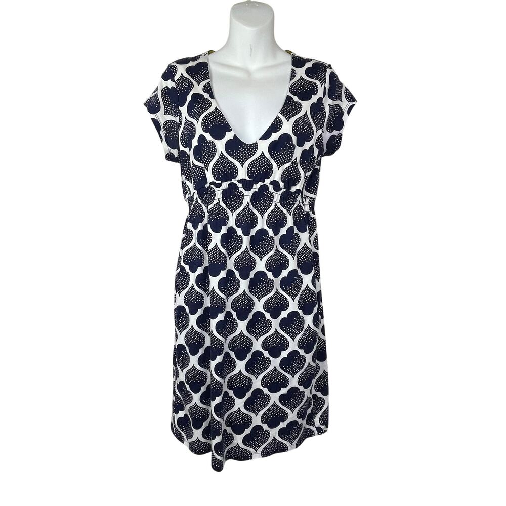 Boden White Blue Spades Print Dress 6P Petite Smocked Empire Waist V-Neck - Picture 1 of 7